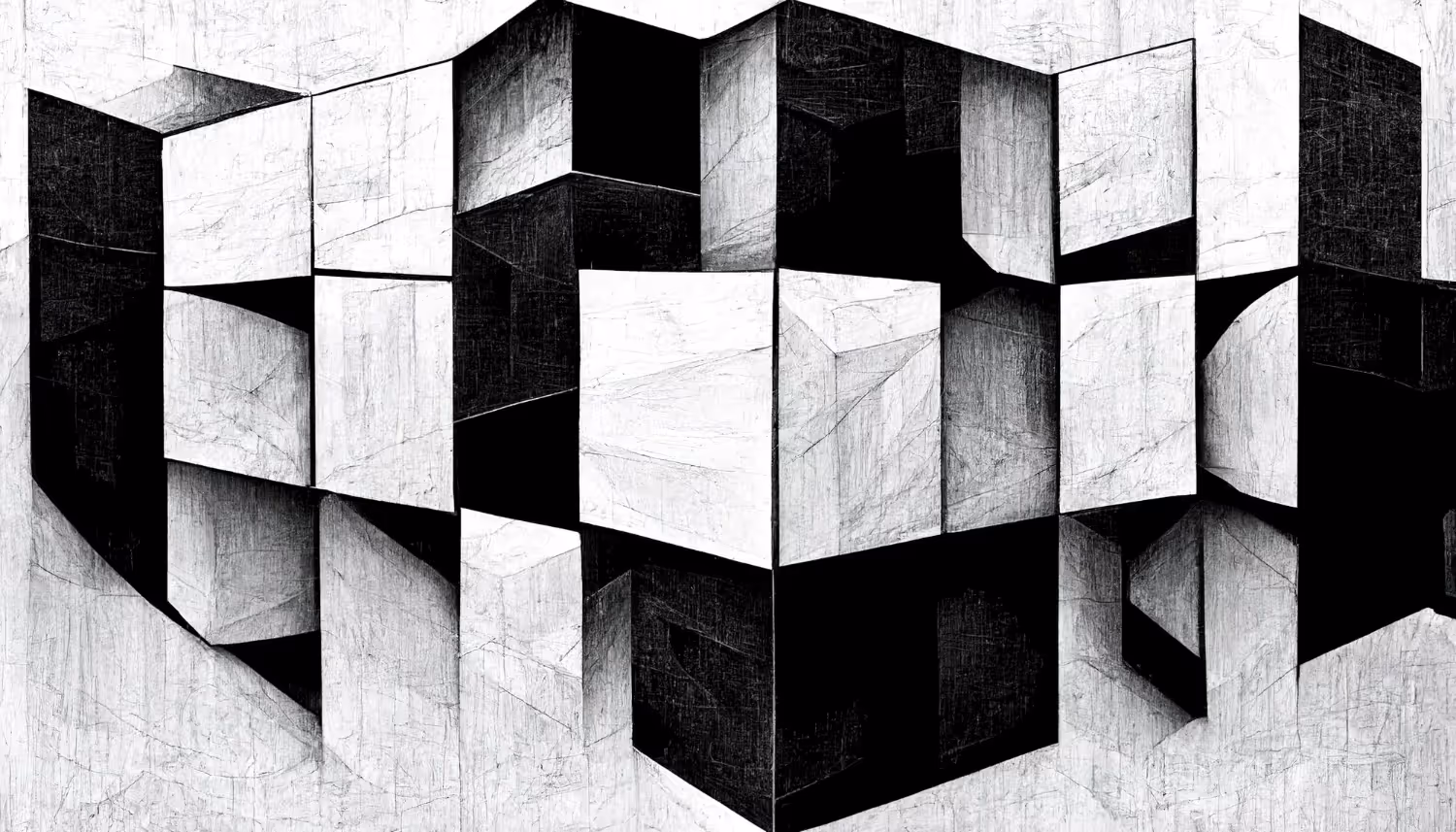Abstract black and white geometric pattern of overlapping cubes creating an optical illusion.
