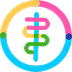 Colorful circular icon featuring a medical caduceus symbol with overlapping pink, blue, green, and yellow gradient segments.