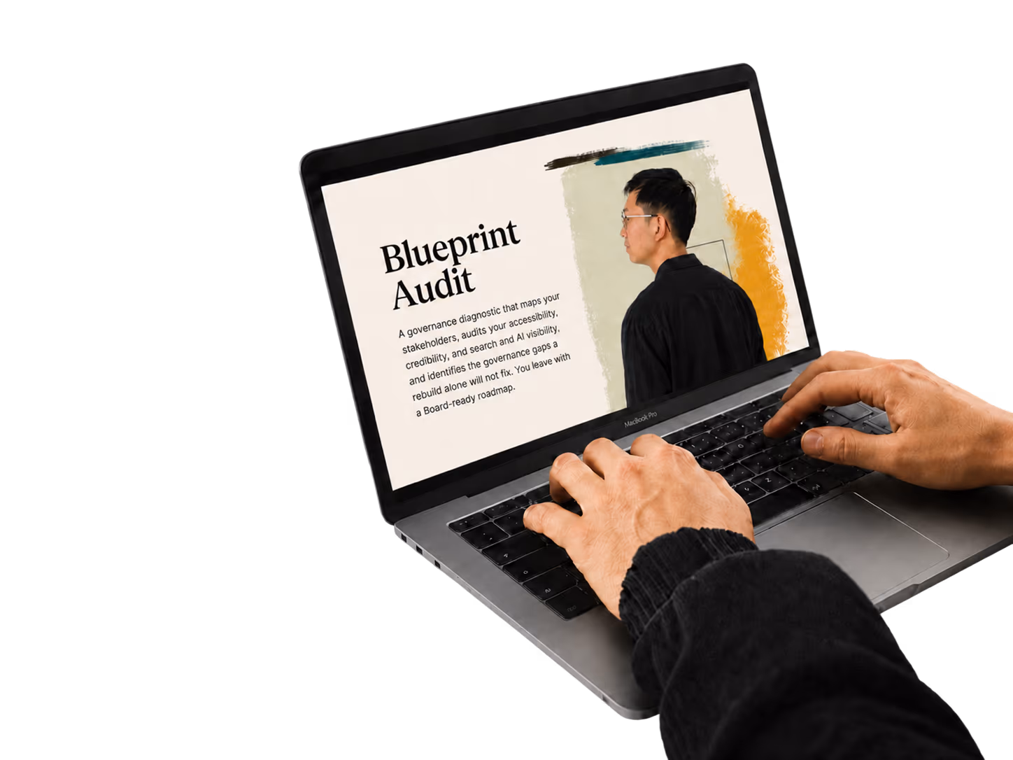 Hands typing on a MacBook that displays the Blueprint Audit report.