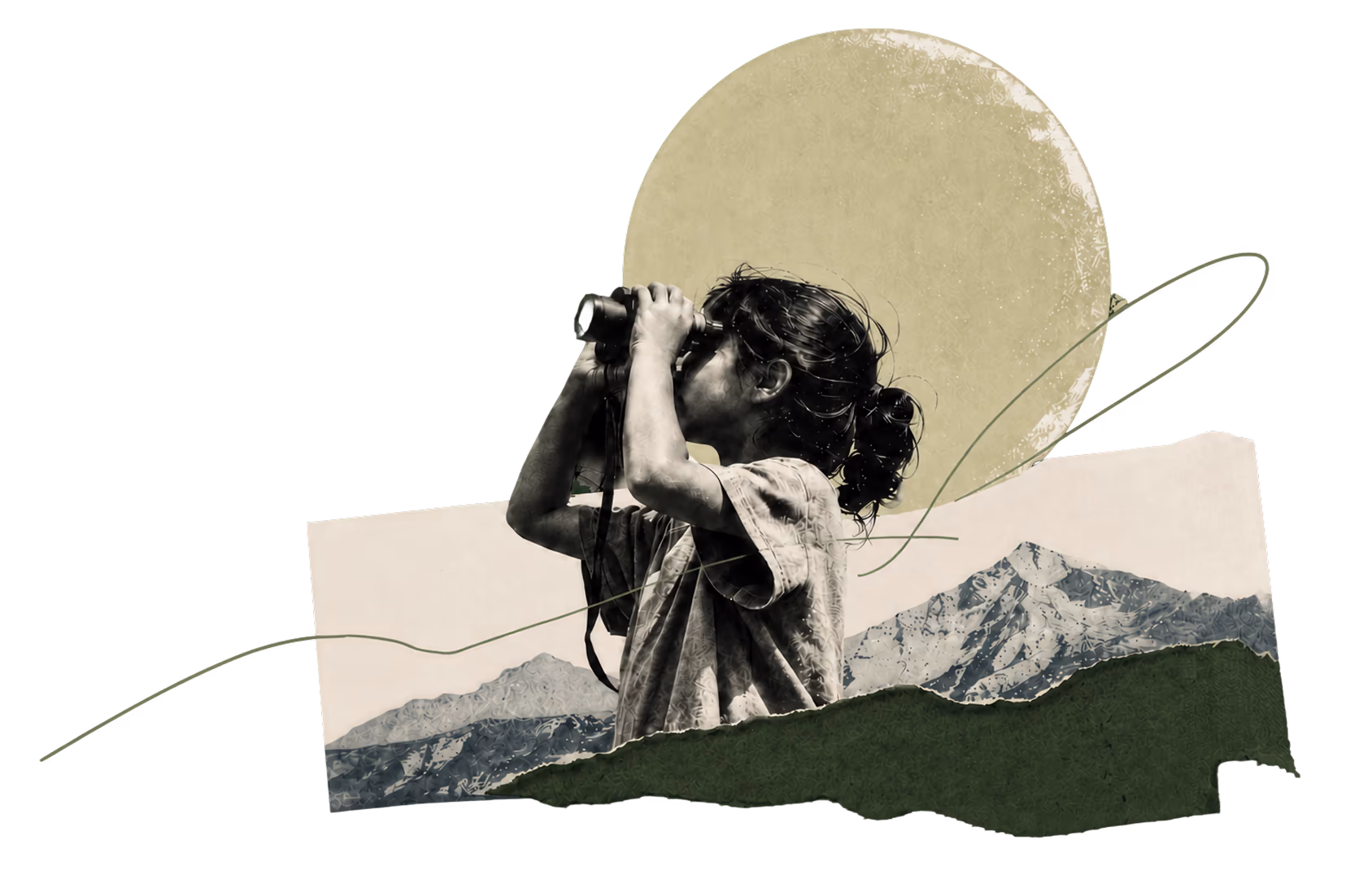 A child looks through binoculars toward distant mountains, a rising sun behind them, the moment of looking closely.